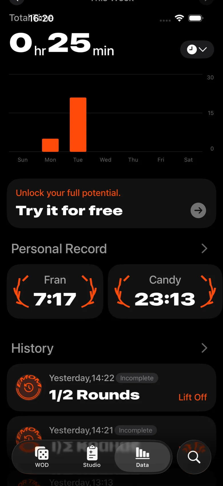 Data tab: weekly training volume, personal-record cards and session history